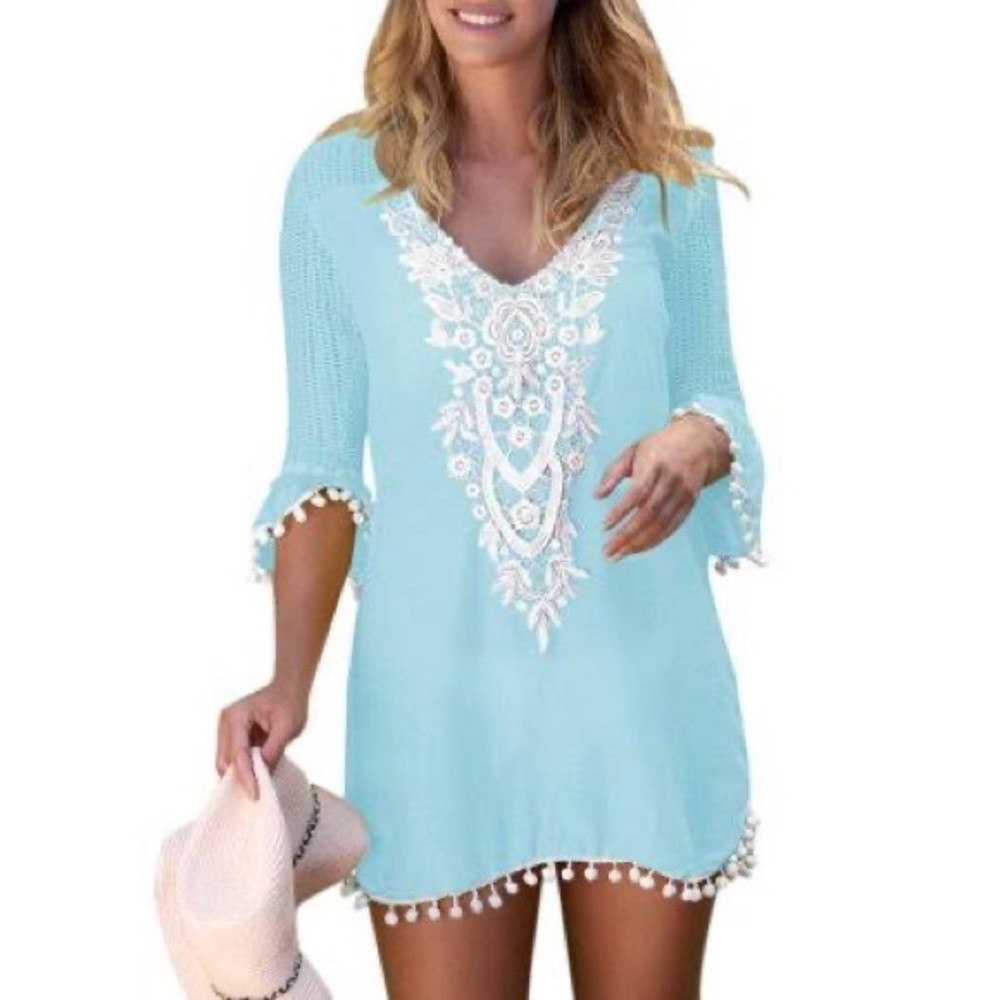 NWOT DOKOTOO WOMEN BLUE SWIM DRESS LACE CROCHET POM POM TRIM TASSEL HAFT SLEEVE